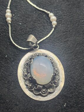 Opalescent Floral Oval Pendant Necklace - White Opal Tone